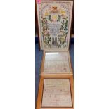 Three framed embroidery samplers comprising an 1826 cross-stitch sampler worked by Hannah Gibbons