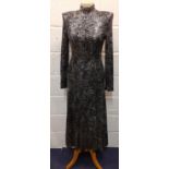 Caroline Charles-A 1980's black rayon evening gown with silver sequin detail throughout having