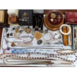 A quantity of costume jewellery to include a micro-mosaic brooch, an amber cheroot A/F with 9ct gold