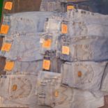 Fourteen pairs of 20th Century boot cut gents Levi 501 and 565 and Wrangler jeans, mainly 32/34"