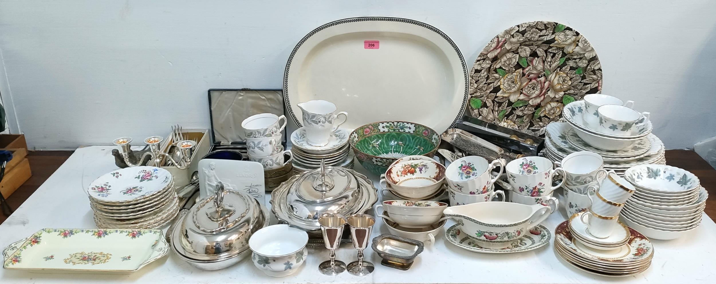 A mixed lot including silver plate, Gladstone Picardy pattern china, Wedgwood Etruria and Johnson