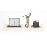 An Art Deco onyx and chrome clock desk set, with square dial with Arabic numerals, the onyx stand