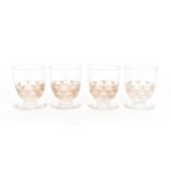 Four 1930s Lalique 'Pouilly' liqueur glasses, in clear glass, frosted and polished, with pink