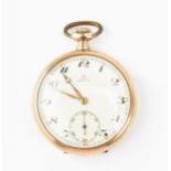 An Omega, early 20th century gold plated, open faced pocket watch, circa 1925, having a white enamel