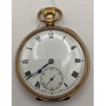 A Dennison early 20th century 9ct gold cased, open faced pocket watch, having a white enamel dial,