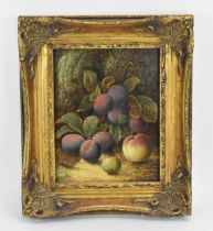 Oliver Clare (1853-1927) British still life with prunes and peach, signed lower right, oil on board,