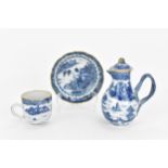 A Chinese blue and white Nanking porcelain trio of teapot, cup and saucer, 18th century, the small