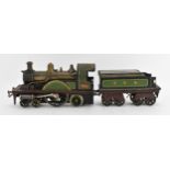 A late 19th century Bing gauge 2 4-2-2 live steam locomotive and bogie tender GNR (Great Northern