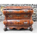 A Dutch burr walnut and marquetry chest of drawers, 19th century, of serpentine form, the top inlaid