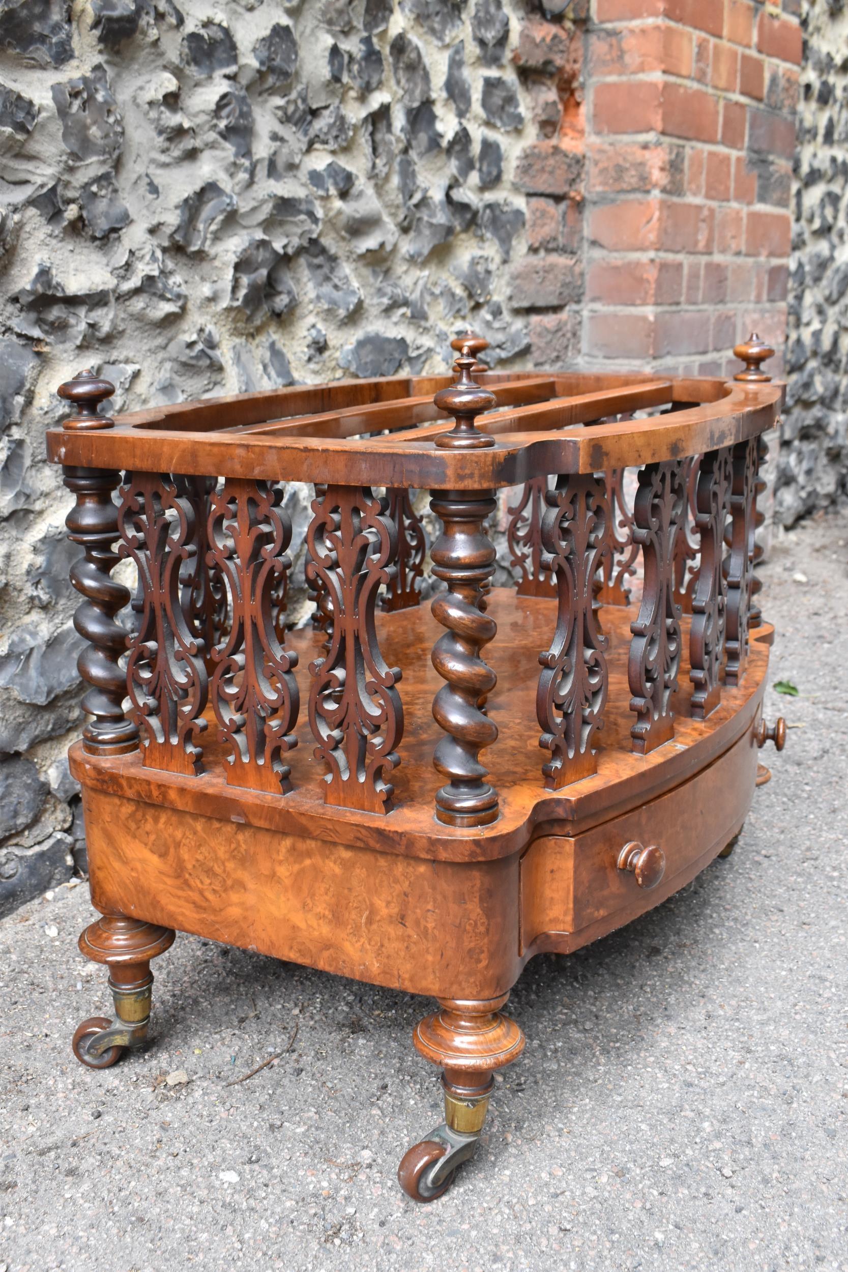 A Victorian figured walnut two division music canterbury, of oval outline, with a spindle and fret - Image 3 of 5