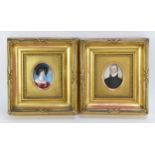 A pair of 19th century miniature portraits on ivory, one depicting a distinguished lady with tight