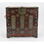 A Korean iron clad table cabinet, late 19th/early 20th century, Joseon dynasty, with hinged fall
