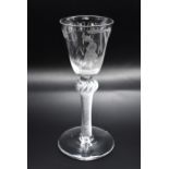 A rare 18th century engraved commemorative airtwist wine glass, circa 1750, the bowl etched with a