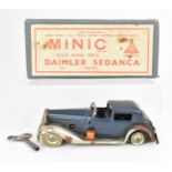 A Tri-ang Minic tinplate clockwork Daimler Sedanca, in blue and steel colour, with original box