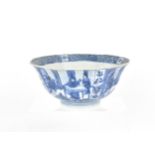 A Chinese polylobed blue and white Ming style bowl, 18th century, the exterior with figural scene