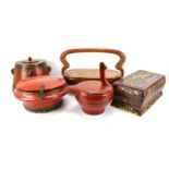 A small collection of Chinese wooden and lacquer baskets and buckets, to include a rice basket