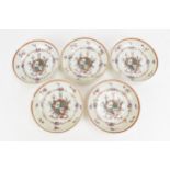 Five Chinese export armorial porcelain saucers, Qing dynasty, 18th century, enamelled to the