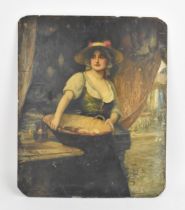 Continental School, 19th century depicting a market saleswoman holding a basket, indistinctly signed