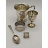 Mixed silver to include an egg cup hallmarked Birmingham 1933, together with a pill box with