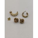 Mixed 9ct gold earrings to include a pair of knotted style earrings, A/F and others total weight 4.