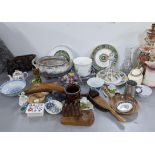 A mixed lot to include a Quimer ware plate Aitchison binoculars, crackle glazed table lamp and other