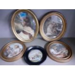 Four oval framed prints in the neoclassical style and later together with a framed pot lid