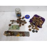 Selection of coins to include an 1890 Victorian silver crown, pennies, £1 notes and other items