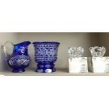 Two pieces of Bohemian blue cobalt overlaid cut glass items together with a pair of Royal Copenhagen