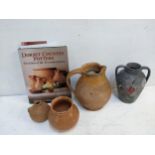 Verwood pottery comprising a jug, a vase and a miniature costrel which was a container for
