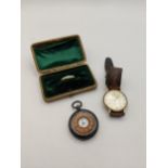 A 9ct gold gents 1950s, cased wristwatch, a continental silver half hunter fob watch and a 9ct