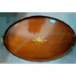 A Sheraton Revival inlaid mahogany tray with handles and mixed cutlery and silver plate and