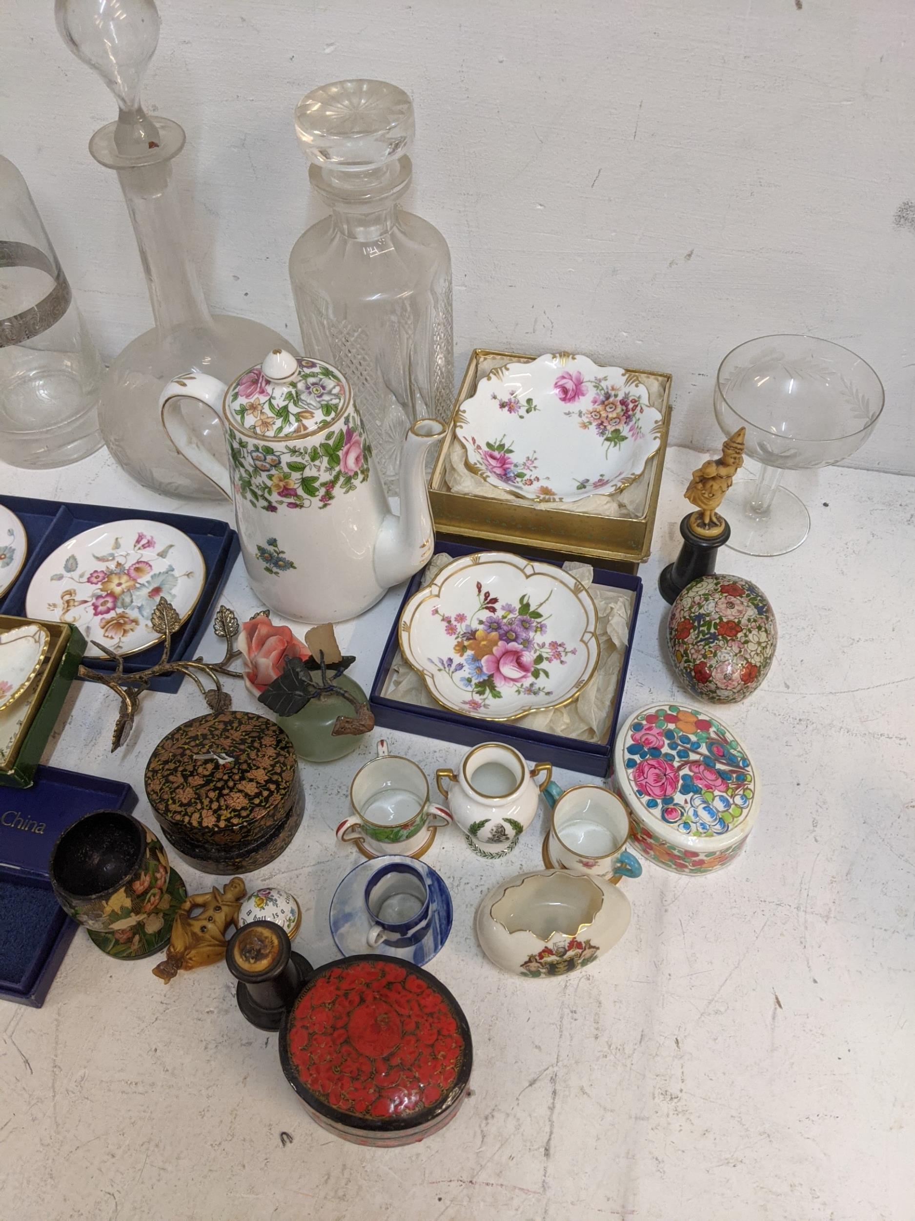 A mixed lot to include a boxed Royal Crown Derby, cut glass decanters, papiermache trinket boxes and - Image 2 of 3