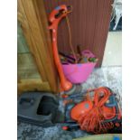 A Flymo Easimo electric lawnmower with grass basket, a Flymo Contour strimmer and a quantity of