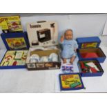 Toys to include an early 20th century pottery child's tea set, a Plastex jointed hard plastic doll