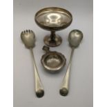 Silver items to include tea strainer, footed dish and silver plated saladier