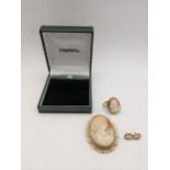 A 9ct gold cameo suite, compromising a pair of earrings, ring and brooch, total weight 25g approx,