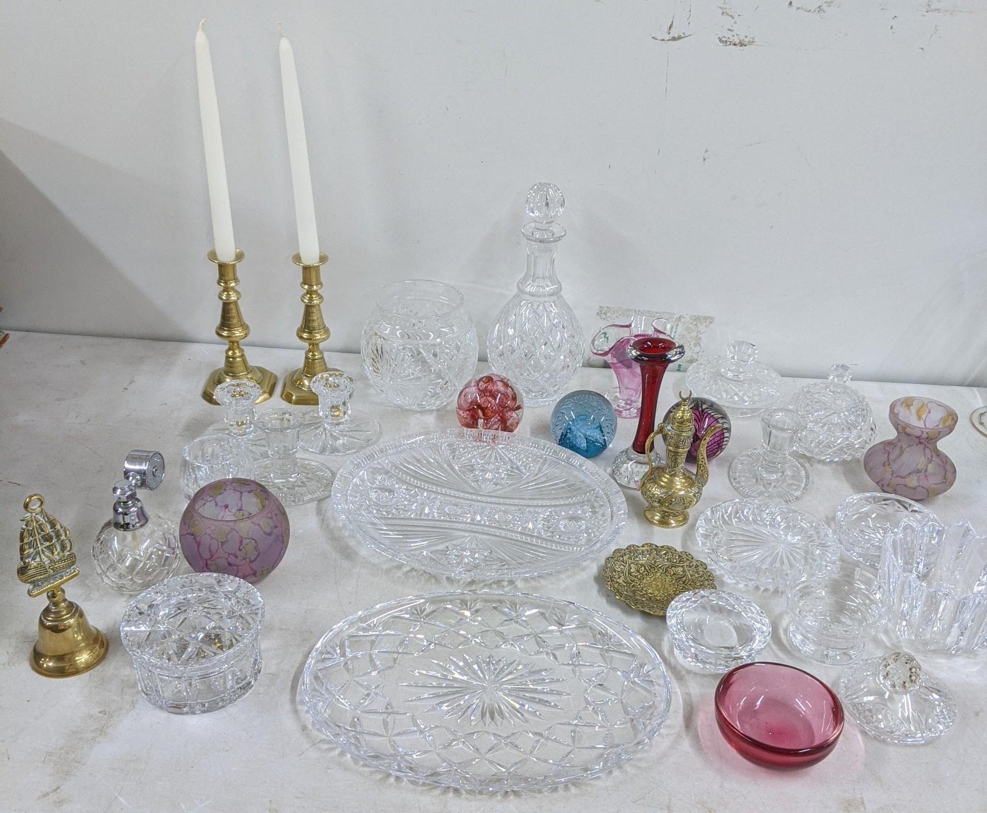 Glassware to include a Waterford paper weight, Oriffors glass bowl, brass ware to include a pair