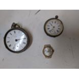 Two silver cased pocket watches and a 9ct gold cased ladies wristwatches 9g Location: