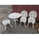 A modern white painted cast metal garden table 68cm h x 68cm dia, and a matching pair of chairs