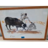 A. Tejador-A matador, pen and ink wash on canvas, signed lower left hand corner, in an oak frame.