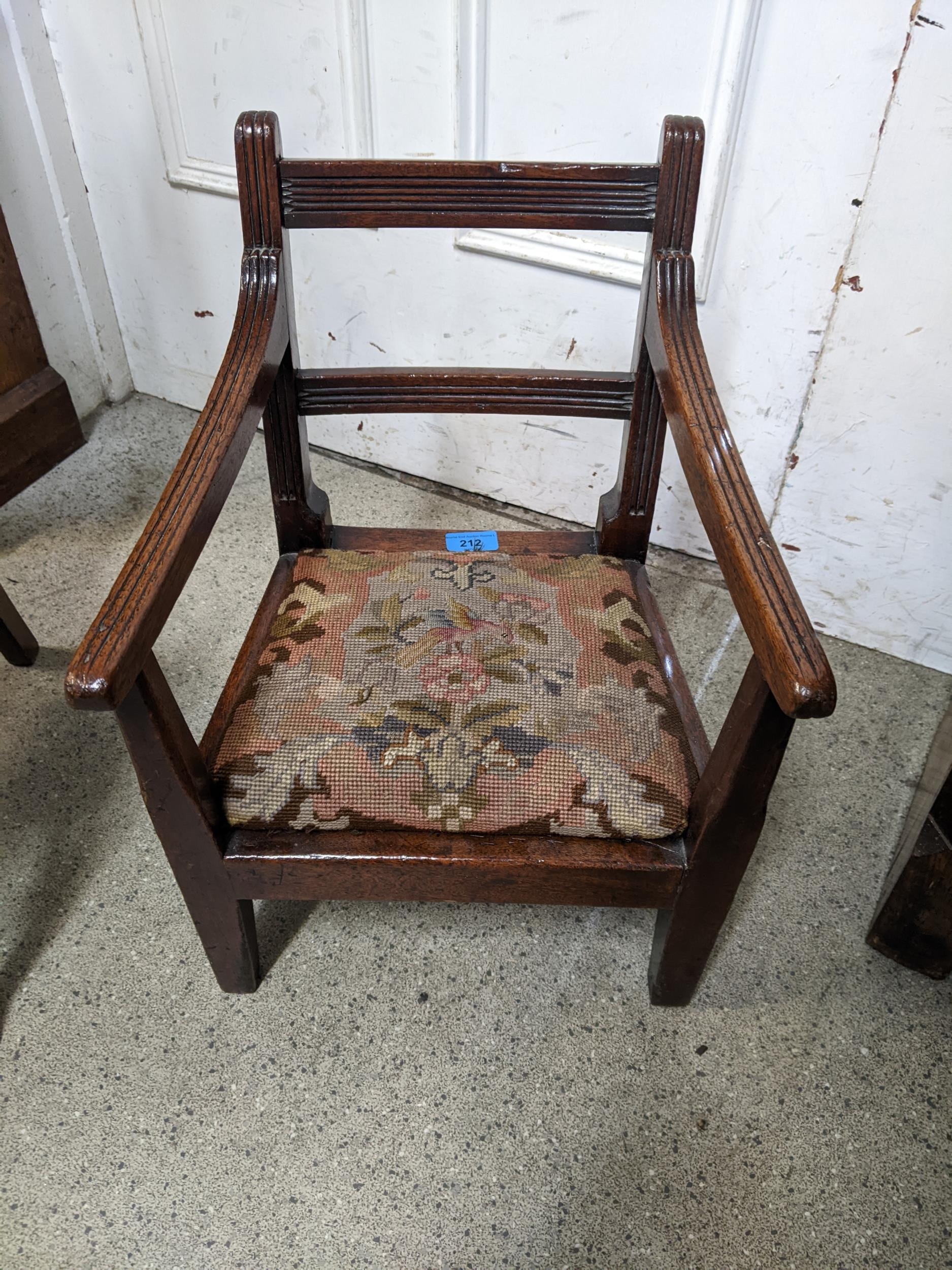 A 19th century mahogany dolls/traders sample chair with a bar back and tapestry seat Location: