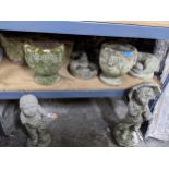 A selection of weathered garden concrete planters, animal models and statues to include a pair of