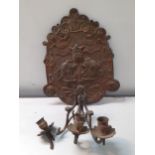 A 19th century brass shield back wall sconce having 3 candle arms A/F Location: 6:4