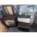 A mixed lot to include a WWI oil painting depicting a biplane and a skeleton, prints, a mirror and