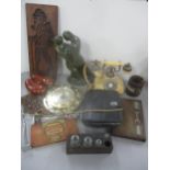 A mixed lot to include an Electra Bakelite telephone, figural sculpture initialled KH, Coco de Mer
