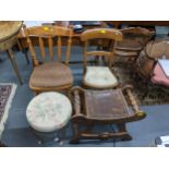 Mixed furniture to include an oak stool with barley twist supports, French gilt stool and two chairs