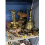 Mixed brassware to include candlesticks, weights, bowls, figures to include A Tibetan Dancer,