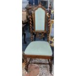 A late Victorian rosewood gothic revival side chair having turned finials and barley twist