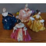 Four Royal Doulton figures of young ladies in costume to include a seated lady entitled 'Reverie'