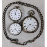 An early 20th century silver pocket watch together with two silver fob watches and a silver chain